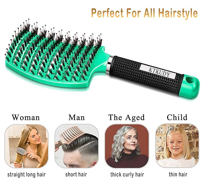 KTKUDY Detangling Brush Getting Knots Out without Pain - Boar Bristles HairBrush Make Hair Shiny & Healthier Vented Detangler Brush for Women Men Kids Wet and Dry Hair (Yellow & Green)