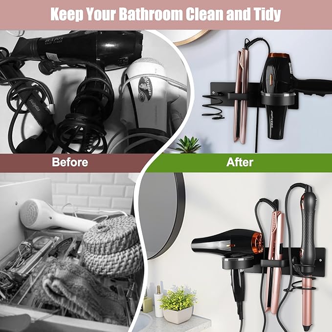 Hair Dryer Holder Wall Mounted 3in1 Hair Tool Organizer Blow Dryer Holder Bathroom Care Styling For Flat Iron,Curling Iron Matte Black