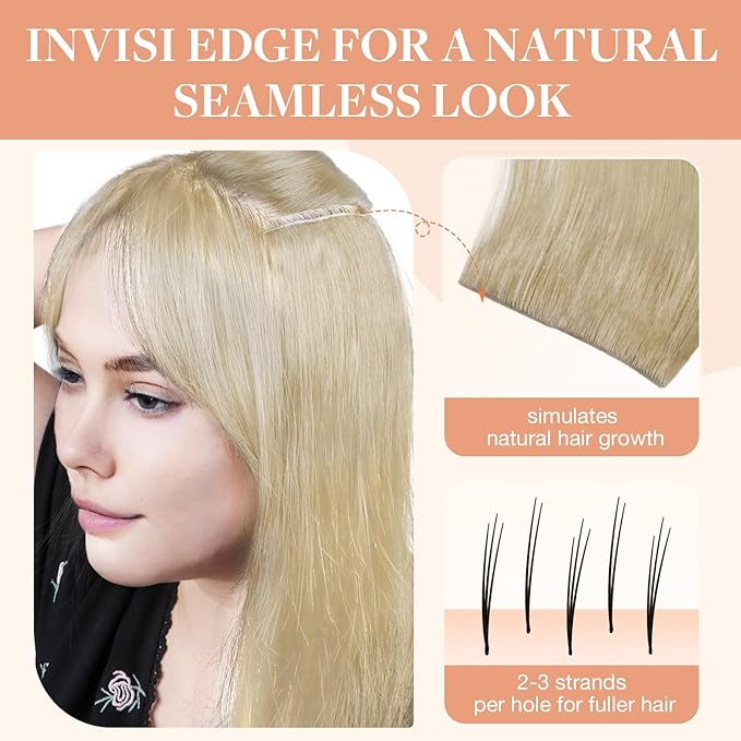 GOO GOO Invisi Edge Tape in Hair Extensions Human Hair, 60A Platinum Blonde, 10pcs 18inch 25g, Virgin Remy Hair, Seamless Injected Tape, Natural Look