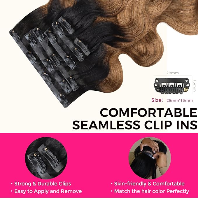 Lashey Seamless Clip in Hair Extensions Human Hair 110g 7pcs Body Wave Ombre Natural Black to Medium Auburn Real Human Hair Hair Extensions 24 Inch