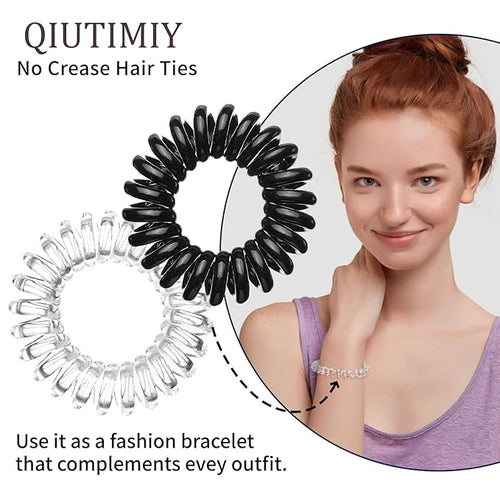 16Pcs Spiral Hair Ties, (Glossy Black&Clear White) Hair Elastic Coils for Women and Girls, Waterproof Phone Cord Hair Scrunchies Accessories Bands for Ponytails and Updos