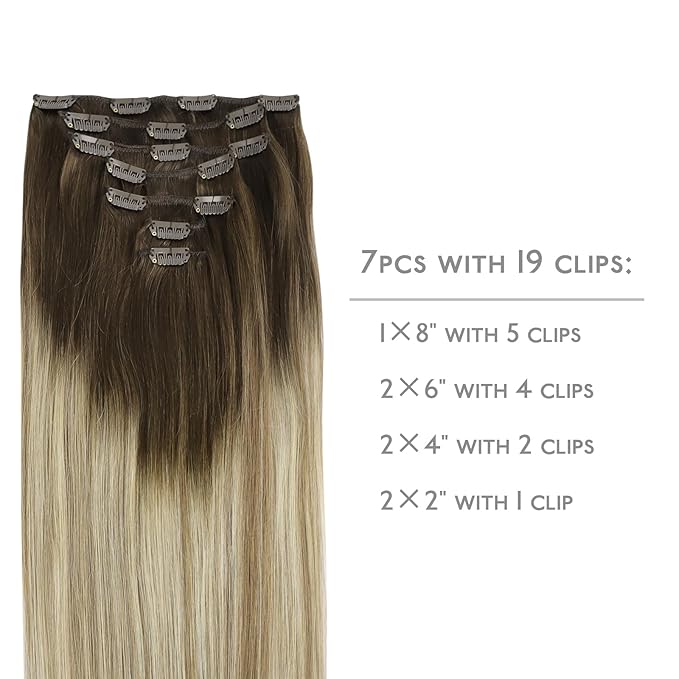 WENNALIFE Hair Extensions Clip In, 24 Inch 120g 7pcs Clip in Hair Extensions Real Human Hair Ombre Walnut Brown to Ash Brown and Bleach Blonde Remy Coloured Human Hair Extensions