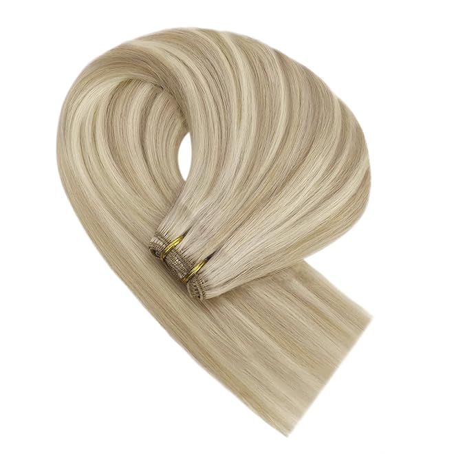 YoungSee 130G Blonde Weft Hair Extensions Highlight Warm Ash Blond Mix Bleach Blonde Hair Weft Extensions Long Straight Human Hair Extensions Sew in for Fuller Look 24 Inch