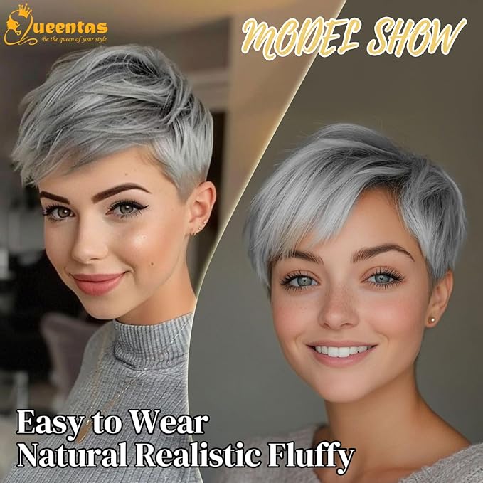 QUEENTAS Short Hair Topper for Women with Thinning Hair Daily Wear 360°3D Cover Up 6.5"*6" Fluffy Hair Pieces with Bangs(Black Mixed Grey)