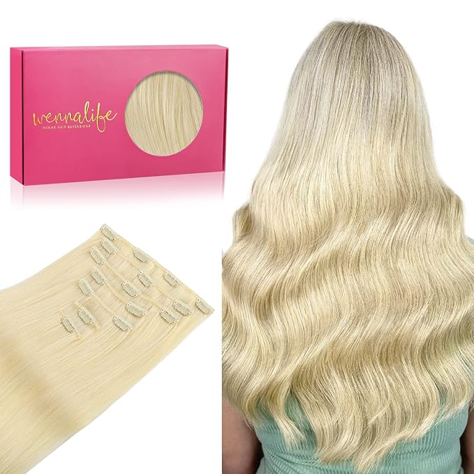 WENNALIFE Clip in Hair Extensions Real Human Hair, 20 Inch 120g 7pcs Human Hair Extensions Clip In Human Hair, Bleach Blonde Hair Extensions Clip In Real Hair Coloured Remy Human Hair Extensions