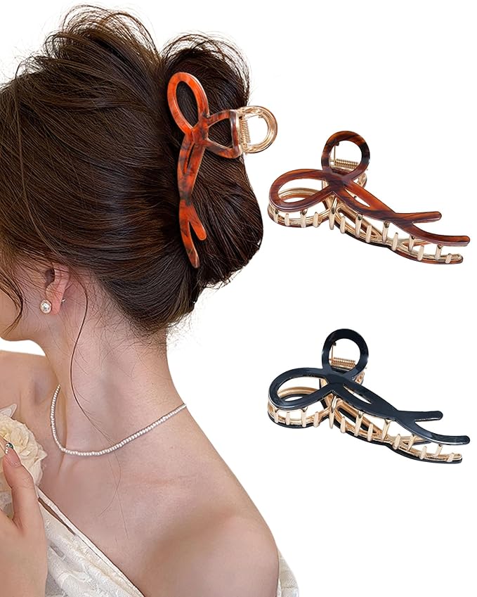 ACECHA 2 Pack Gold Metal Bow Hair Claw Clips for Women, 4.5" Colorful Non-slip Hairclips for Thick Thin Hair Claws Strong Hold Styling (B-Black & Brown)
