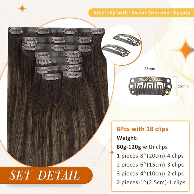 Full Shine Hair Clip in Extensions 20 Inch Invisible Clip in Hair Extensions Balayage Ombre Dark Brown to Light Brown with Honey Blonde Thick Ends 8 PCS 120 Grams