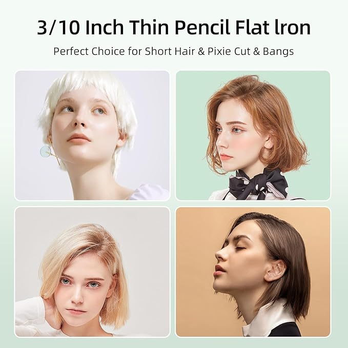 Small Flat Irons for Short Hair, 15s Ultra Fast Heat Up Pencil Flat Iron, Negative Ions Mini Flat Iron for Edges, 3/10'' Travel Hair Straightener with LED Display Auto Shut Off（Green）