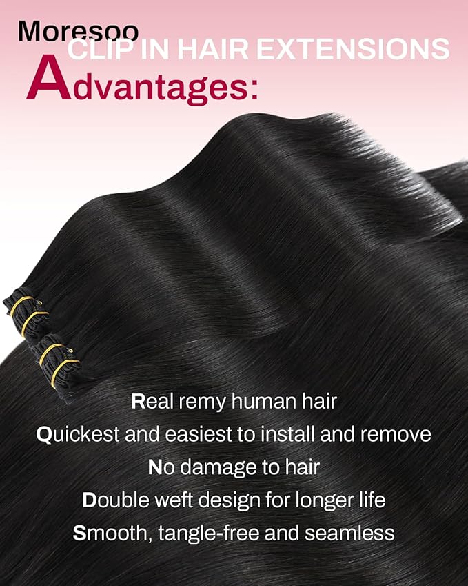 Moresoo Clip in Hair Extensions Real Human Hair Natural Black 5pcs 80g Remy Straight Invisible Lace Double Weft Natural Black Human Hair Clip in Extensions #1b 20inch