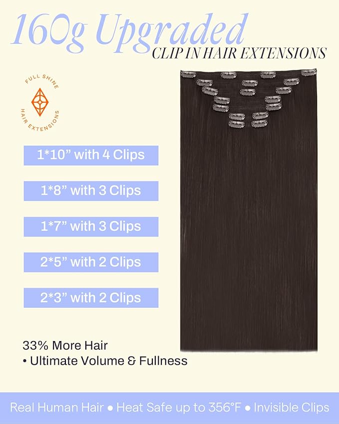 Full Shine Dark Brown Clip in Hair Extensions 18 Inch 160 G Darkest Brown Hair Extensions Thick Hair Extensions Clip ins for Thickness 7 Pcs