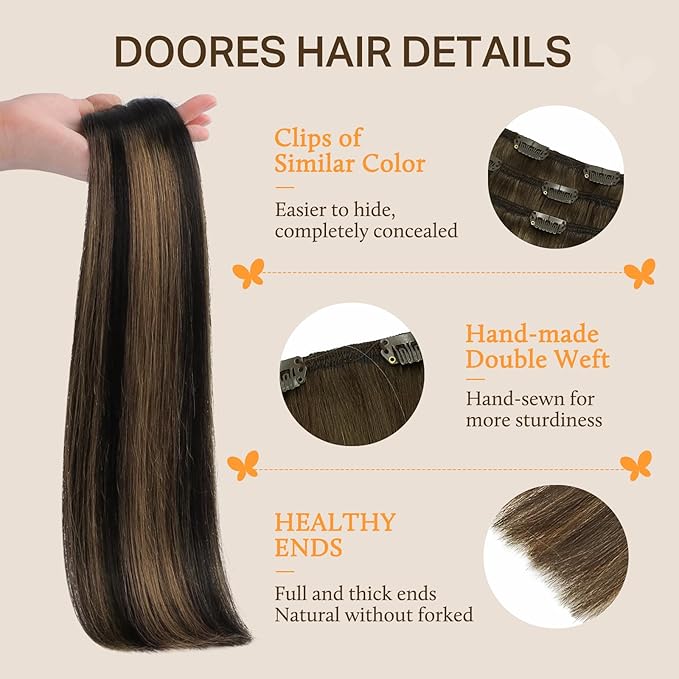 DOORES Clip in Hair Extensions, Balayage Natural Black to Chestnut Brown 24 Inch 150g 9pcs, Remy Human Hair Extensions Thick Straight