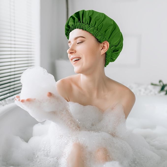 Reusable Shower Cap for Women, Stylish Large Waterproof Shower Bonnet Washable Wide Elastic Band Hair Cap for Long Hair, Braids Bath Hat(Sage)