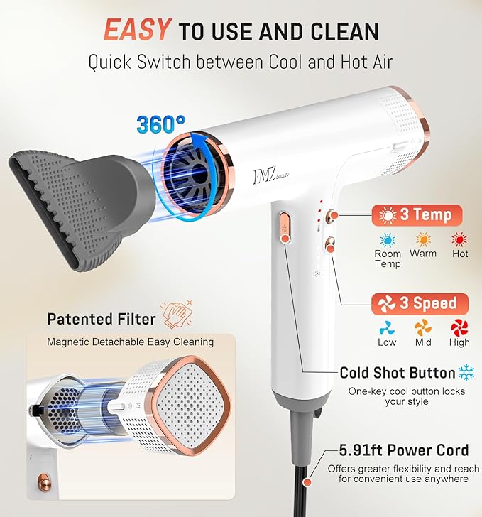 FMZ Professional Ionic Hair Blow Dryer with Diffuser, 1875W High Speed 110000RPM BLDC Motor for Fast Dryring, Portable Mini Lightweight and Quiet, Curly Hair Dryer for Women Men Home Salon Travel Gift
