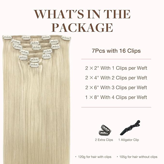 GOO GOO Clip in Hair Extensions Real Human Hair, Remy Human Hair Extensions Clip ins for Women, Natural Human Hair, 18inch 120g 7Pcs, 60A Platinum Blonde