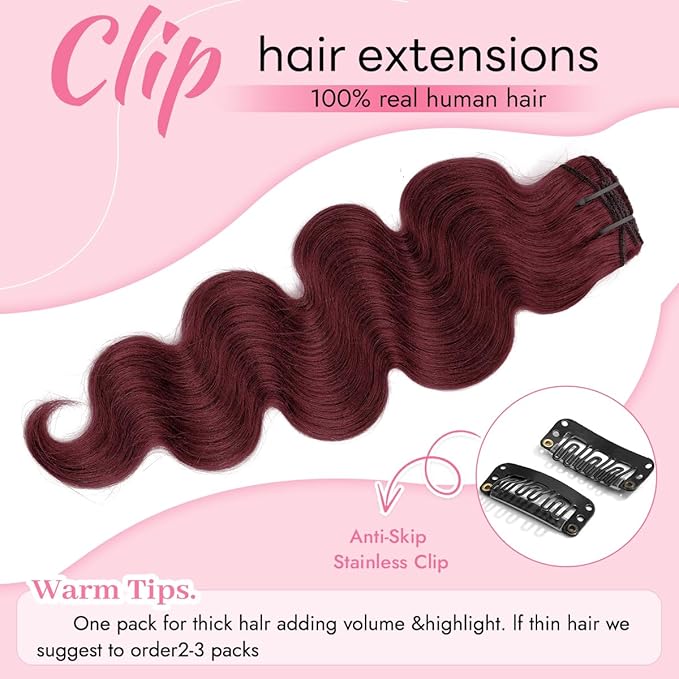 Clip in Hair Extensions Real Human Hair Body Wave 99J Burgundy Clip in 100% Brazilian Remy Human Hair Extensions 8pcs Per Set with 18 Clips Double Weft 24 Inch 120g/3.6oz