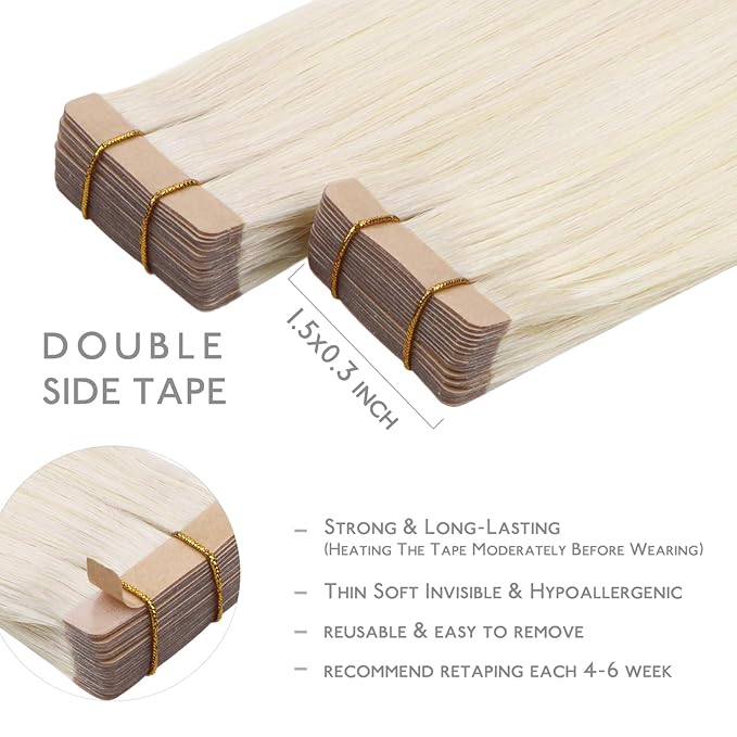 WENNALIFE Tape in Hair Extensions Human Hair, 20pcs 50g 22 inch White Blonde Remy Hair Extensions Straight Human Hair Tape in Extensions Skin Weft Tape Extensions Human Hair