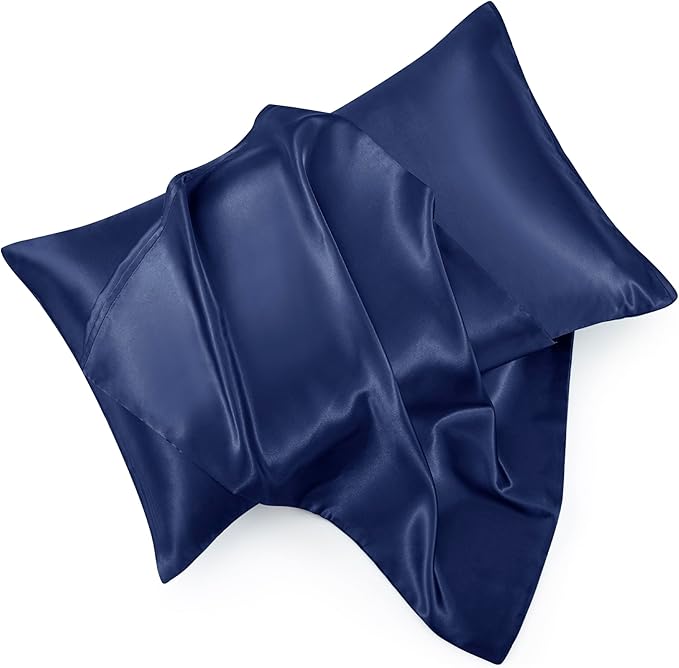 Navy Blue King Size Satin Pillowcase Set of 2 with Envelope Closure,Navy Blue Silk Pillowcase for Hair and Skin (20x36)