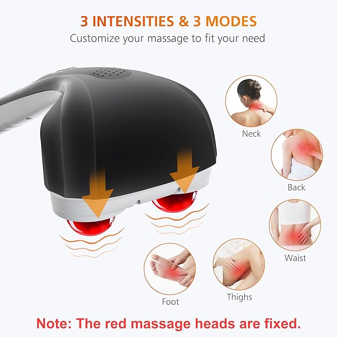 Snailax Cordless Handheld Back Massager with Heat, Deep Tissue Percussion Massager, 3 Sets of Dual Pivoting Heads,Rechargeable Hand Held Massager for Neck,Back Shoulder,Calf,Legs