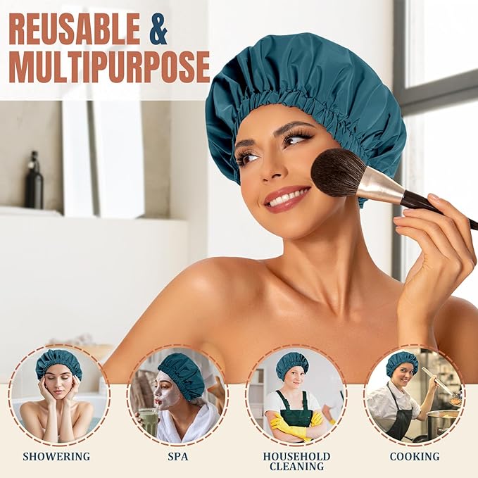Reusable Shower Cap for Women, Stylish Large Waterproof Shower Bonnet Washable Wide Elastic Band Hair Cap for Long Hair, Braids Bath Hat(Bamboo Moon Blue)