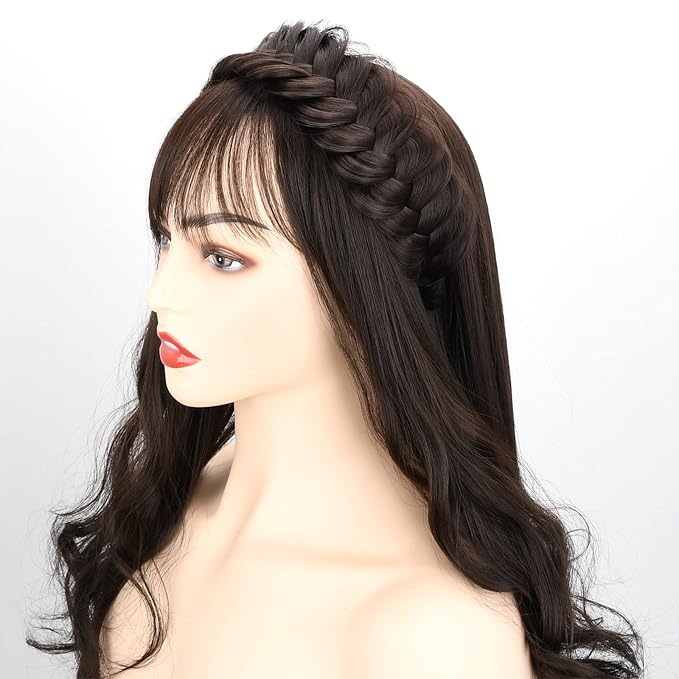 DIGUAN Wide Messy Braided Headband With Teeth Synthetic Hair Plaited Headband High Elasticity Braids Chunky Fishtail Braided Hair Band Hairpiece for Girls Women (Natural Black)