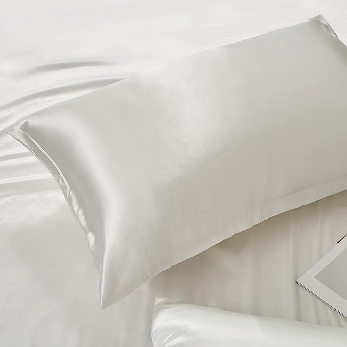White Satin Pillowcase Standard Set of 2 with Envelope Closure，White Silk Pillowcase for Hair and Skin (20x26)