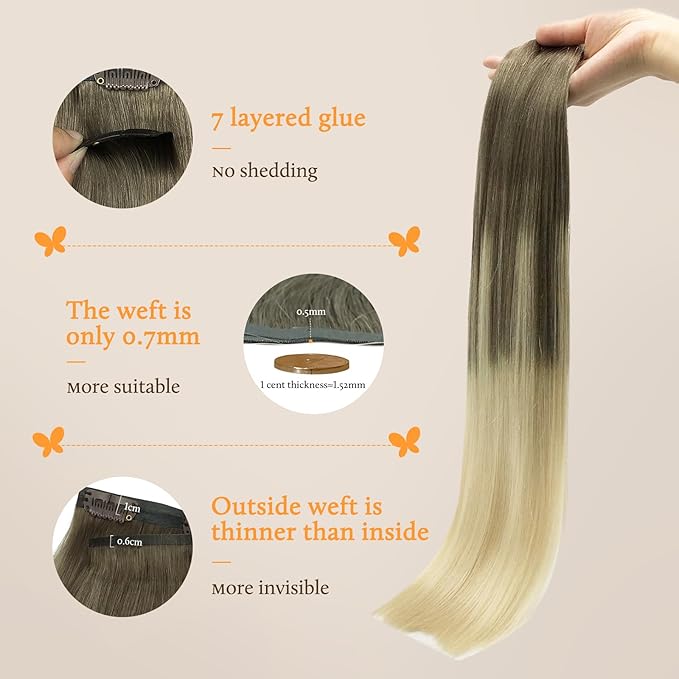DOORES Real Human Hair Extensions, Ash Brown to Platinum Blonde, 14 Inch 110g 7pcs, Seamless Clip in Straight Hair Invisi Edge Extensions