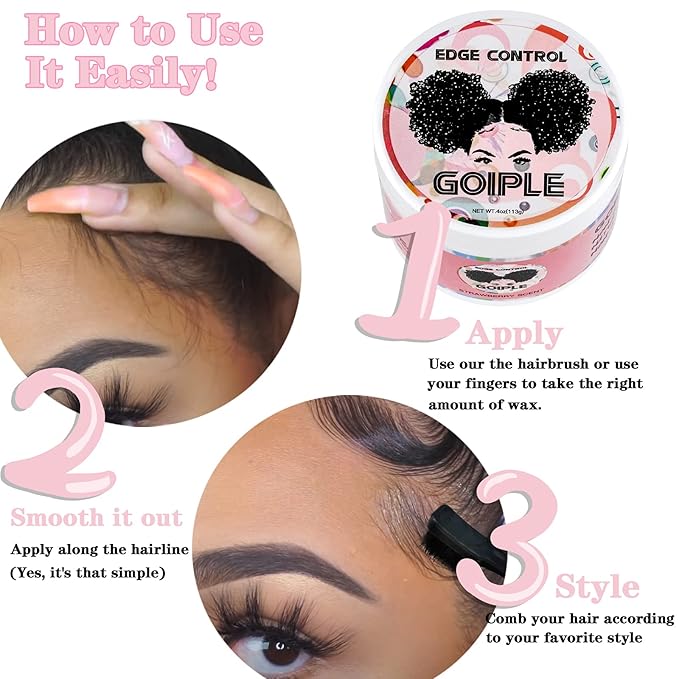 Goiple Edge Control Wax for Women Strong Hold Non-greasy Edge Smoother Strawberry Scent (4oz Edge Control + 0.7oz Travel Szie Edge Control Wax + Edge Brushes*2+Tie Band*2)