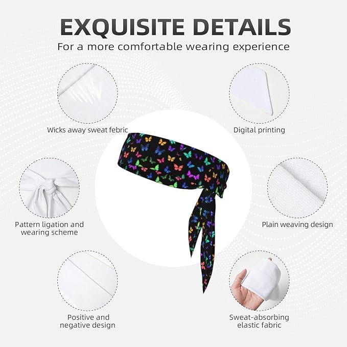 Men's Women Black Colorful Monarch Butterfly Sports Sweatband Multipurpose Novelty Head Ribbon Headdress for Yoga Athletic Spa