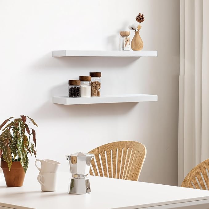 Fun Memories Handcrafted European Pine Floating Shelves - Natural Rustic Wooden Wall Shelf Set of 2-24 Inch Storage Shelf Display Shelf for Kitchen Bathroom Living Room Bedroom Farmhouse - White