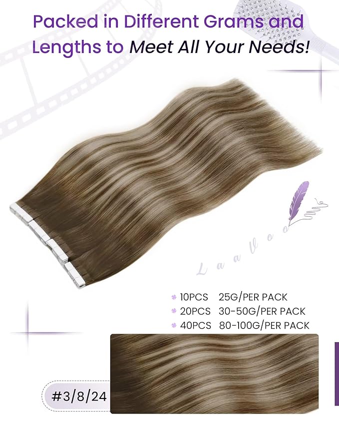 LaaVoo Human Hair Tape in Extensions Seamless Tape in Hair Extensions Human Hair Ombre Darker Brown Fading to Ash Brown Mix Light Blonde Hair Extensions Tape in 20 Inch 20pcs 50g