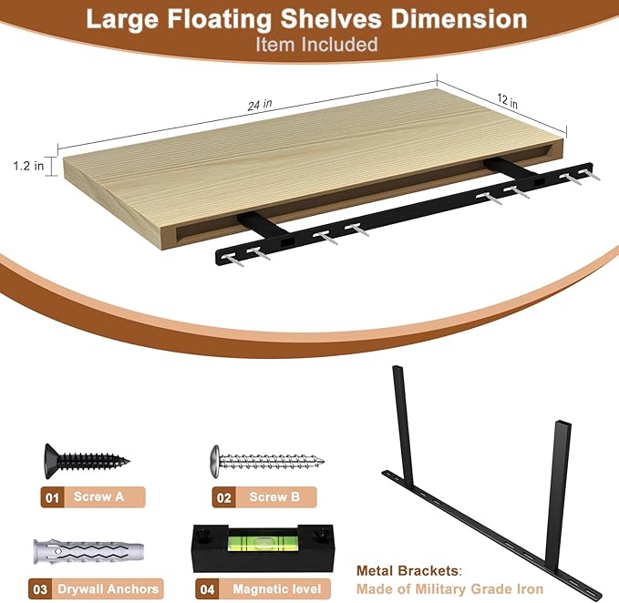 12 Inch Deep Floating Shelves for Wall 1 Pack Floating Shelves Large Storage Space Wall Mount Shelf for Living Room Kitchen Bathroom 24" W x 12" D x 1.2" H Oak