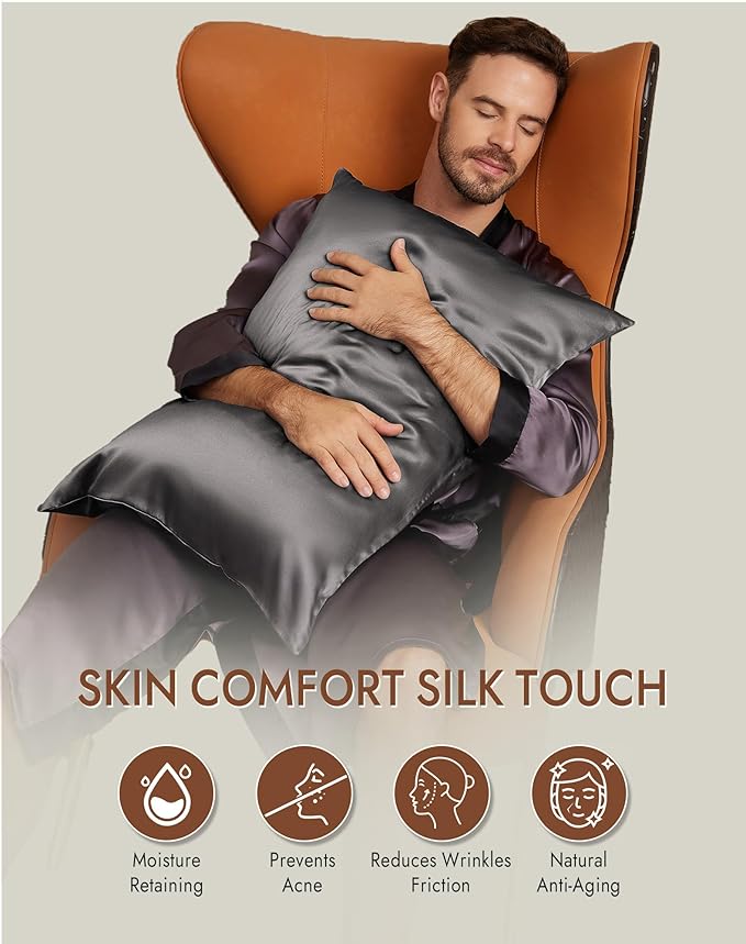 SilkSilky 100% Mulberry Silk Pillowcase - Pure 22 Momme High-Grade 6A Fibers for Hair & Skin, Envelope Closure, Natural, Organic, Breathable & Cooling Pillow Case (Standard, Dark Gray)