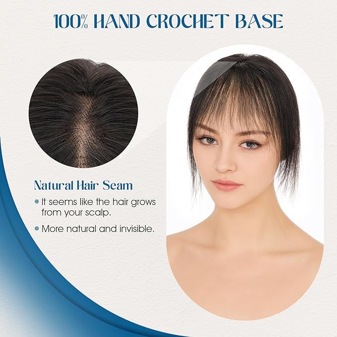 Hair Topper Human Hair Curtain Air Bangs Topper for Women,3.54x4.92 T-part Lace Base Real Human Hair Topper Hair Piece for Daily Wear(Air Bangs,Natural Black)