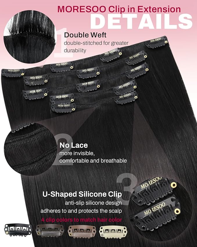 Moresoo Clip in Hair Extensions Real Human Hair Natural Black 5pcs 80g Remy Straight Invisible Lace Double Weft Natural Black Human Hair Clip in Extensions #1b 20inch