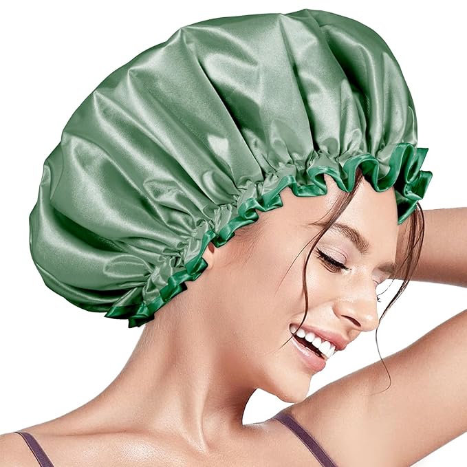 Aquior Shower Caps, Reusable Shower Cap for Women, Double Layer Waterproof Bonnet Hair Cap, Large Size for All Hair Lengths,for Girls Spa Home Salon Use(Green)
