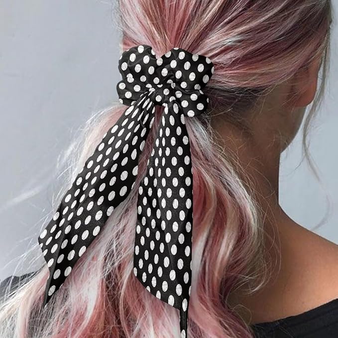 White Black Ribbon Bow Elastic Hair Ties for Women 2 Pack Polka Dot Knotted Bow for Women Travel No Damage Scarf Scrunchy for Thick Hair