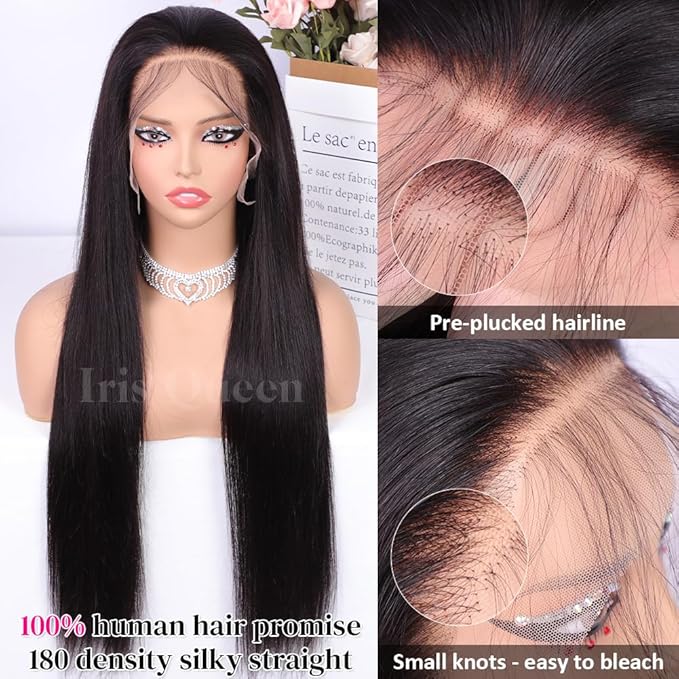 Iris Queen 13x4 HD Straight Lace Front Wigs Human Hair Pre Plucked 12A 180 Density Brazilian Transparent Lace Frontal Wig for Black Women with Baby Hair Natural Black Color (20 inch)