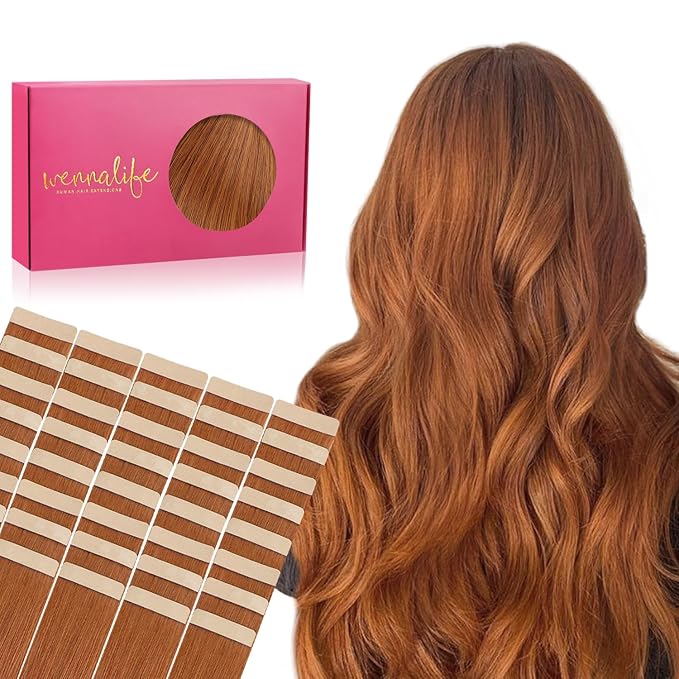 WENNALIFE Tape in Hair Extensions, 16 Inch Dirty Ginger Human Hair, 40pcs 100g Straight Invisible Reusable Real Extensions