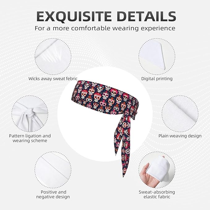 Men's Women Lovely Sports Sweat Band Hair Decor for Sports Workout Spa, Long Boho Style Day Dead Floral Rose Sugar Skull Head Ribbon Headwear