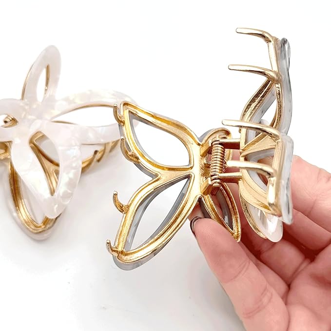 Metal Butterfly Hair Clips for Women -White & Grey Marble Pattern Fashion Decorative Hair Clips, Cute Hair Accessories for Girls, 2 Pack