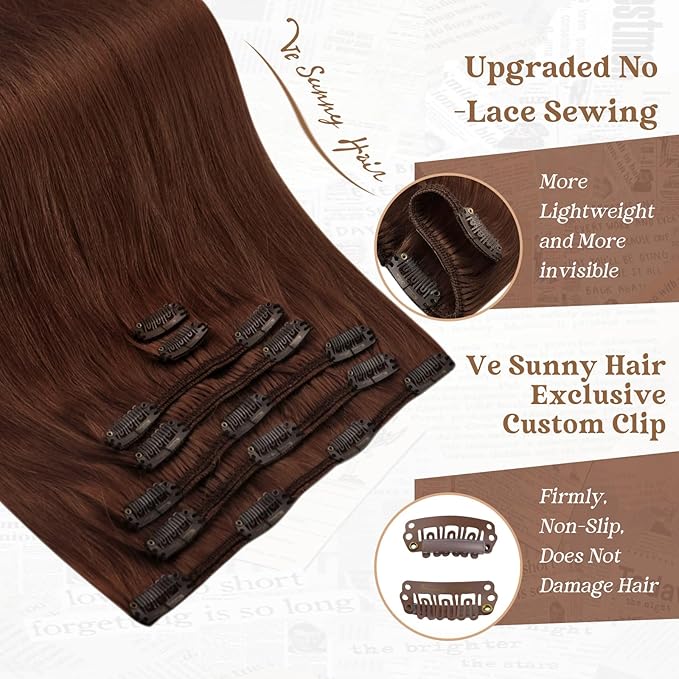 Ve Sunny Clip in Hair Extensions Real Human Hair Dark Auburn Red Remy Human Hair Clip in Extensions Full Head Straight Real Hair Extensions For Women 7pcs 120g 18 inch