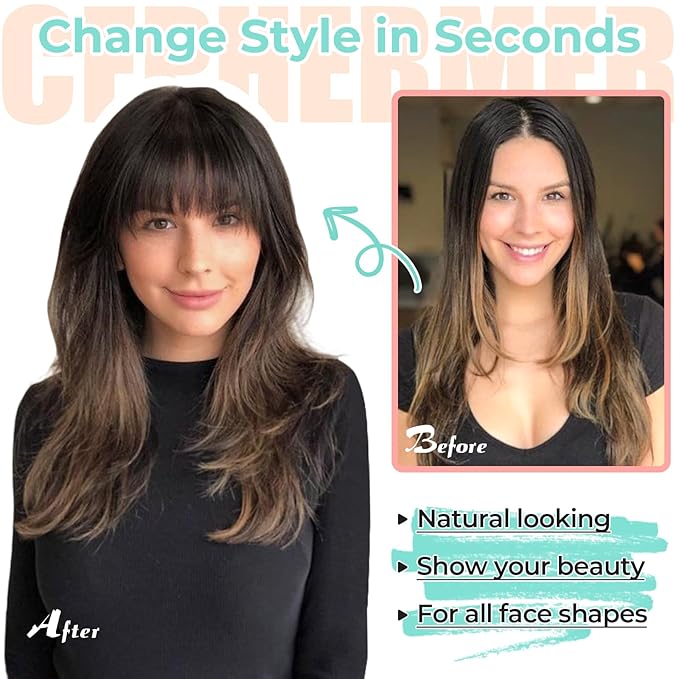 Clip in Bangs, Synthetic French Bangs Hair Clip, Fake Bangs Fringe with Temples Hairpieces for Women Natural Curved Hair Extensions for Daily Wear Wine Red