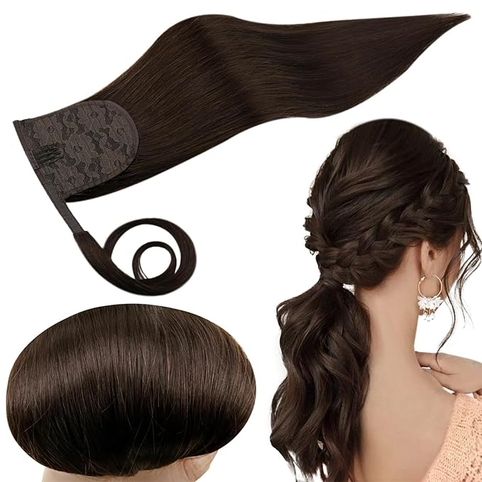 RUNATURE Dark Brown Ponytail Extension Real Hair, 20 Inch Ponytail Extension Human Hair, Long Straight Human Hair Ponytail, Remy Natural Hair, Add Length, 80g #2 Dark Brown