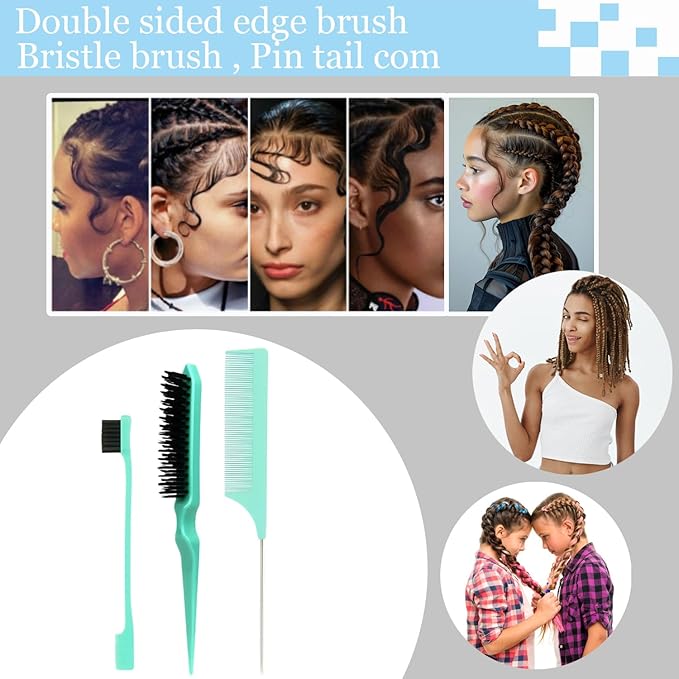 Curly Hair Brush,Curl Defining Brush plus 3 Pieces Hair Styling Comb Set(Slick Back Hair Brush,Rat Tail Comb,Edge Bristle Brush) Lightweight Vented for Combing, Shaping, Styling(Green)
