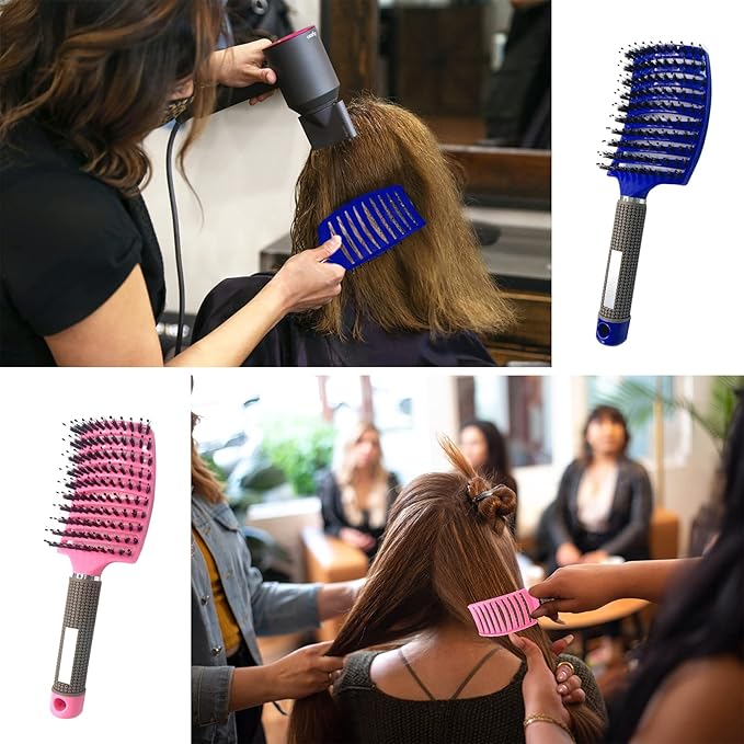 2 Pack Boar Bristle Hair Brush - No Pull Curved Vented Detangler for Fast Blow Drying - For Kids, Men, Women With Wet Dry Long, Thin, Thick, Curly Tangled Hair (Pink+Blue)