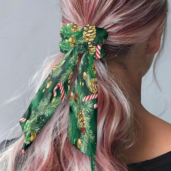 2 Piece Christmas Elastic Ribbon Bow Hair Ties Candy Cane Holly Knotted Bow for Ponytail Fashion Bow Hair Scrunchies with Flowing Tails No Damage