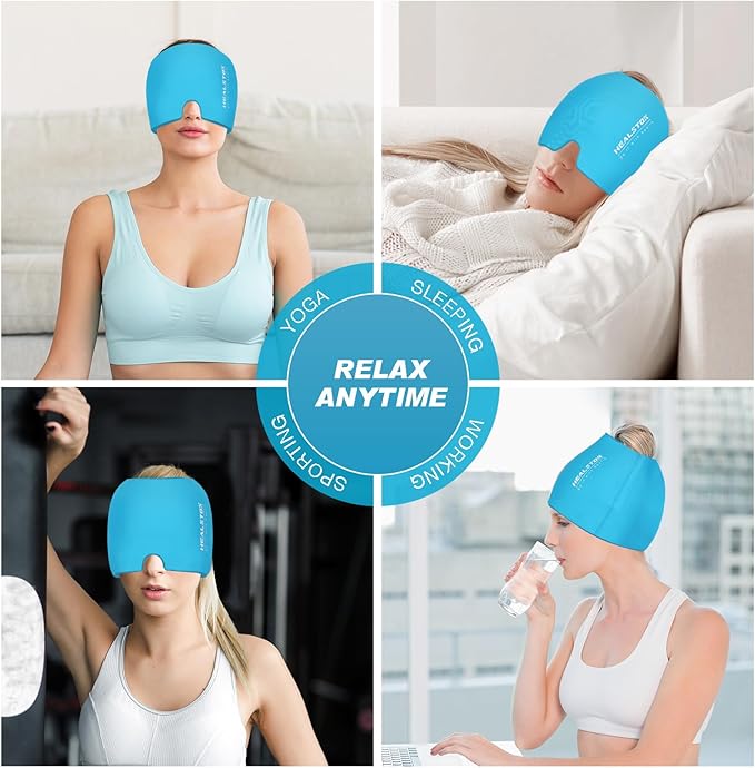 Head Ice Hat, Ice Cap for Head, Ice Head Wrap, Cold & Hot Therapy Reusable 360 Compression Flexible Ice Pack Wrap. Blue
