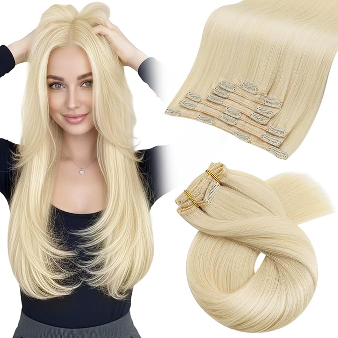 Moresoo Blonde Clip in Hair Extensions Remy Human Hair Golden Platinum Blonde Human Hair Clip in Extensions #60 7Pcs/120G 20inch