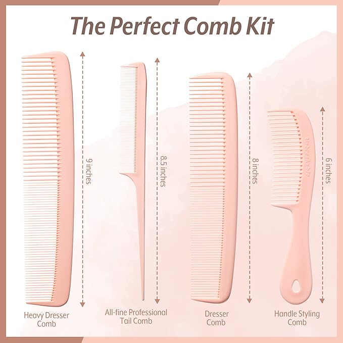 Mars Wellness 4 Piece Professional Comb Set Peach Pastel - USA MADE - Fine Pro Tail, Dresser Hair Comb Styling Comb - Premium Grade for Men and Women - Parting Teasing and Styling - Peach Pastel
