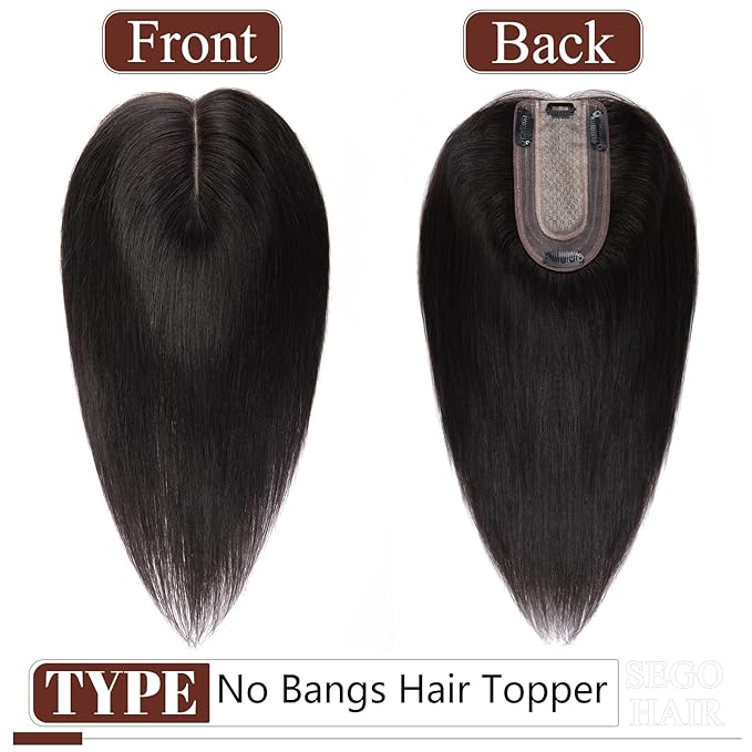 SEGO Real Human Hair Topper for Women, No Bangs Hair Topper with Anti-Slip Clips (10 Inch#1B Natural black)
